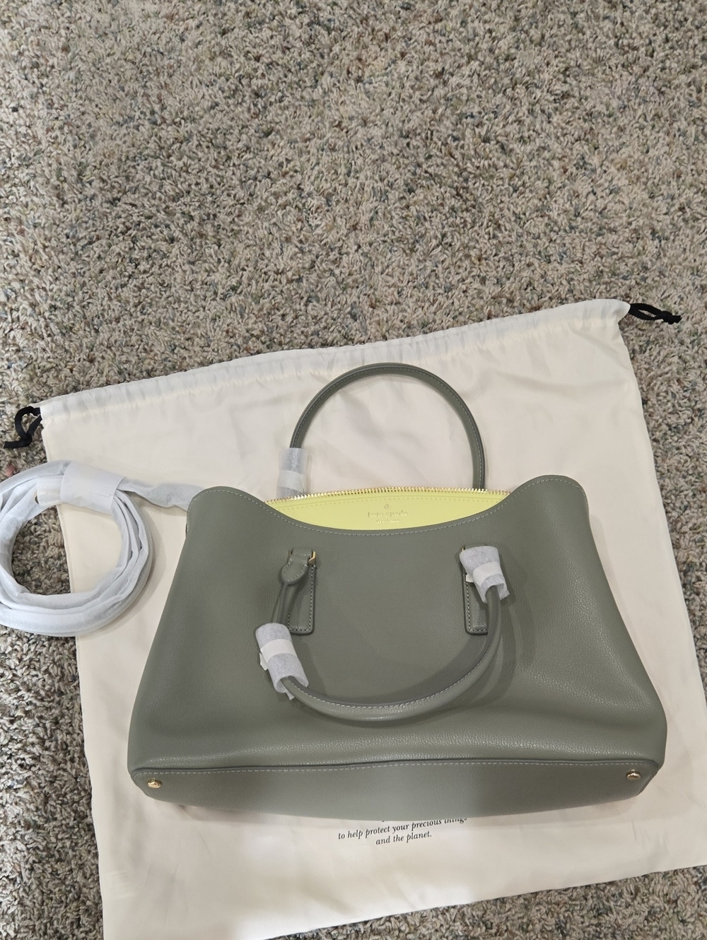 Kate Spade Leather Tote Bag in Sage Green with Yellow Interior